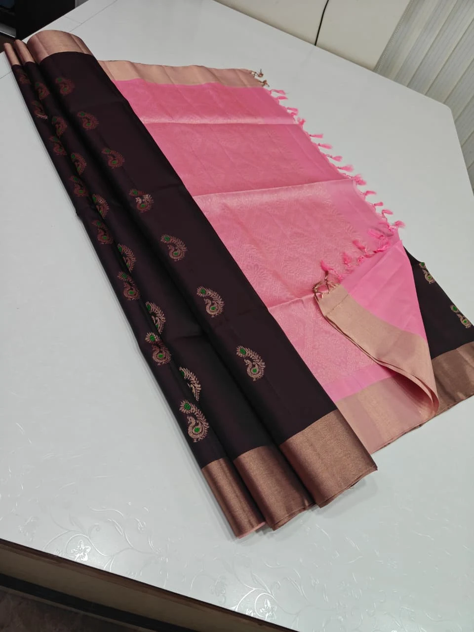 Dark Coffee Brown with Rose Pink Mango Buttas Soft Silk Saree